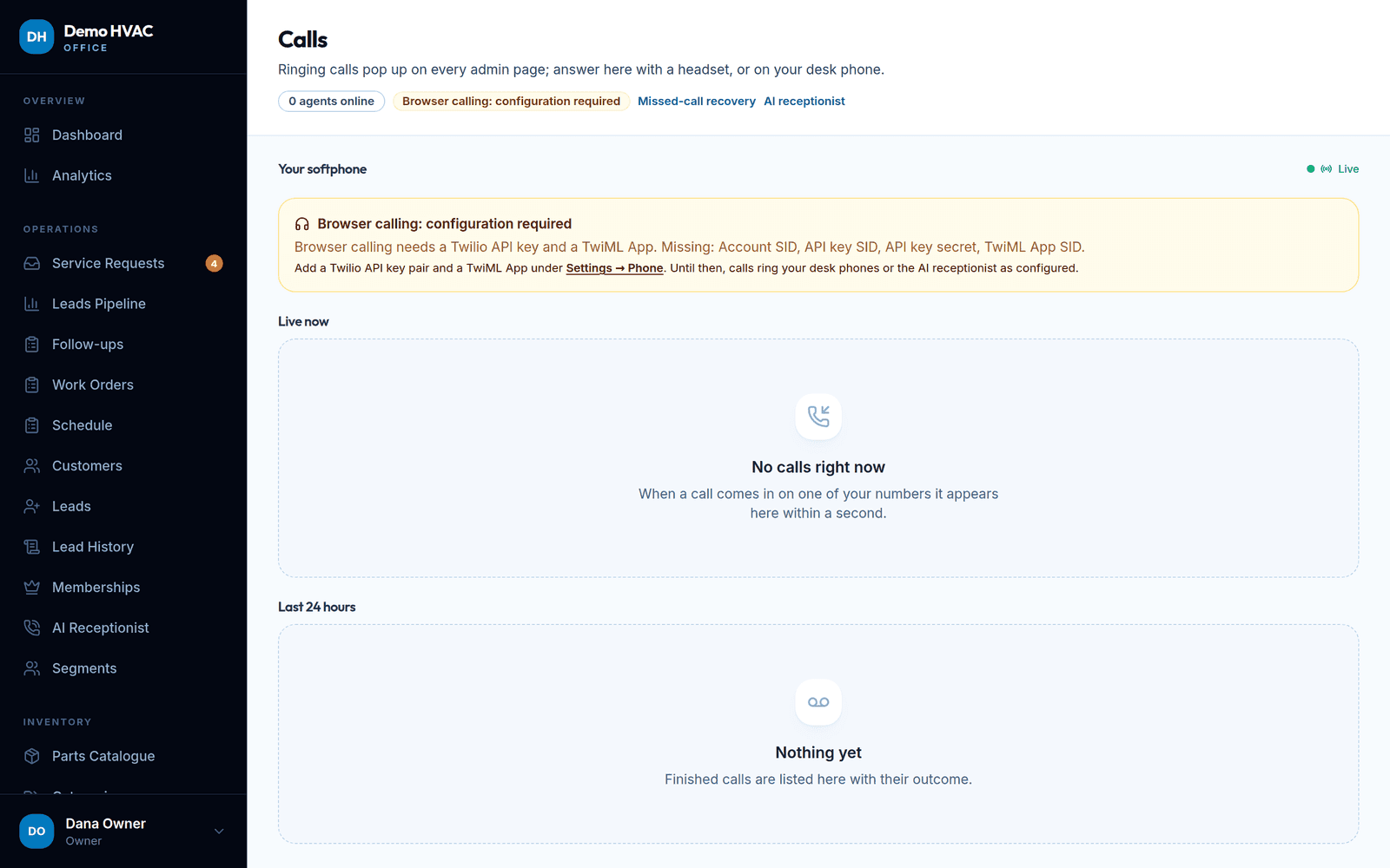 Calls page: live queue, softphone status and the last 24 hours of calls. Browser calling shows 'configuration required' until Twilio keys are added.