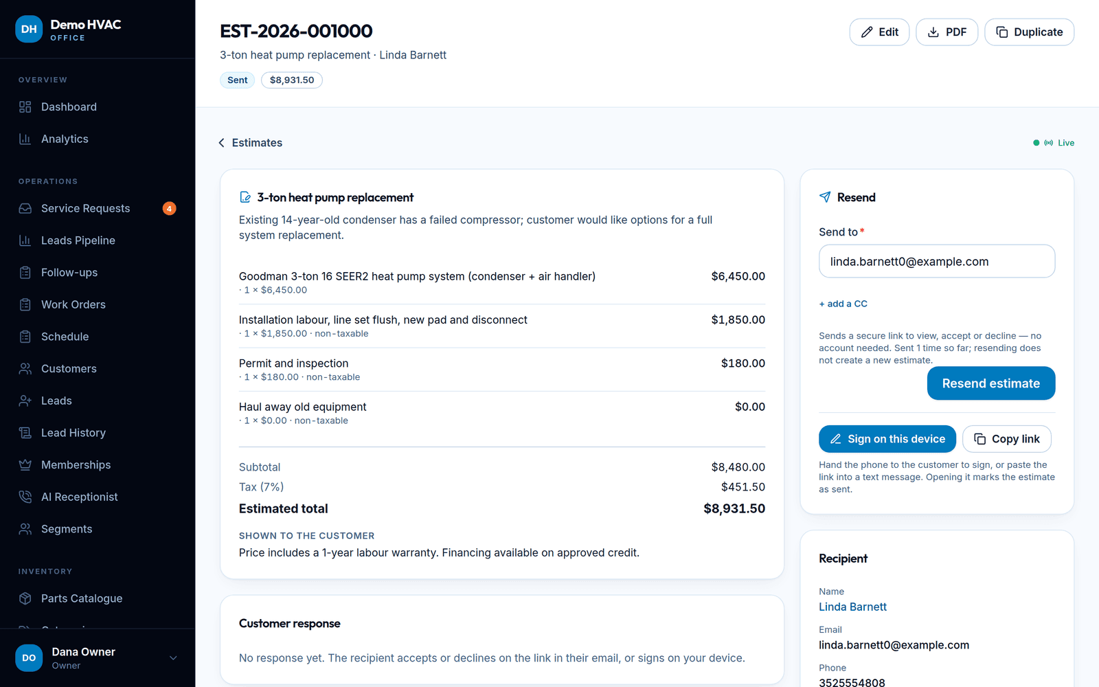 An estimate with line items, tax, customer-facing notes, a secure send link, sign-on-this-device and delivery history.