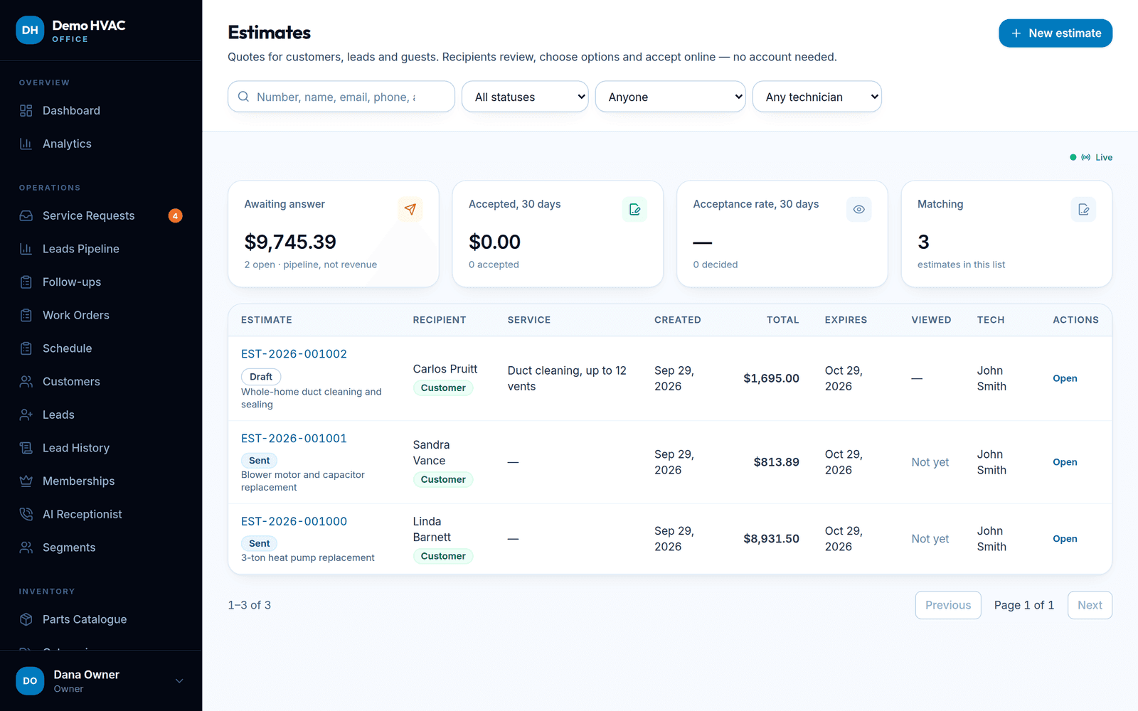 Estimates list with status, totals and recipients.