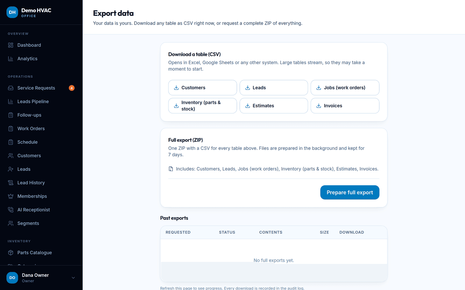 Export data: download any table as CSV now or prepare a full ZIP export of everything.