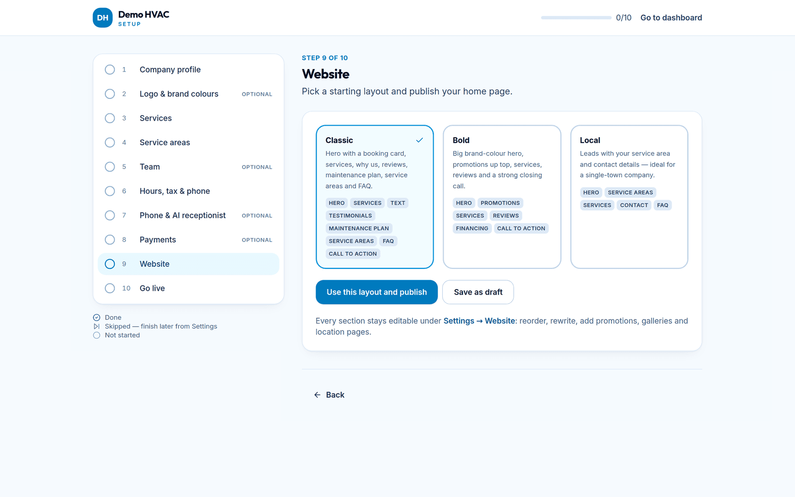 Setup wizard, website step: choose a Classic, Bold or Local starting layout and publish the home page.
