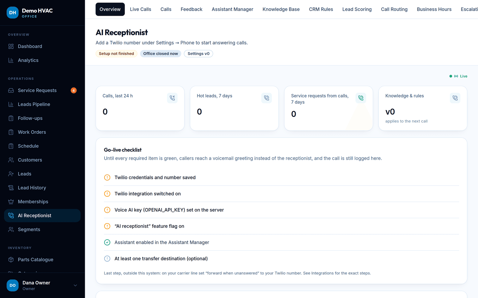 AI Receptionist overview with the go-live checklist: Twilio credentials, integration switch, AI key, feature flag and assistant status.