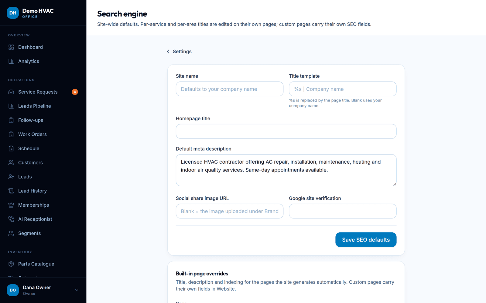 SEO settings: per-page titles, descriptions and indexing controls.