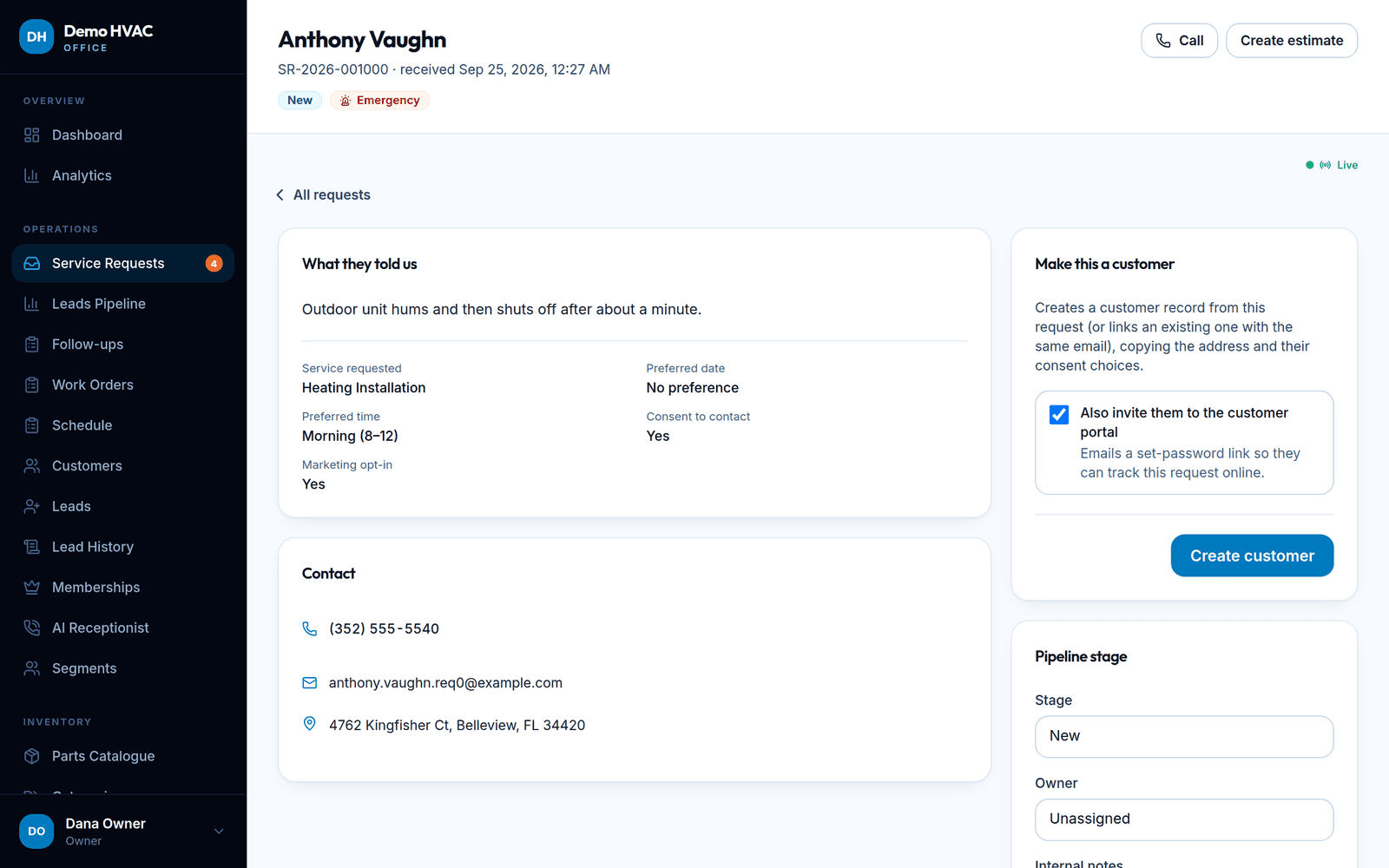 A service request: what the customer told us, preferred time, consent, contact details and a one-click 'Create customer' action.