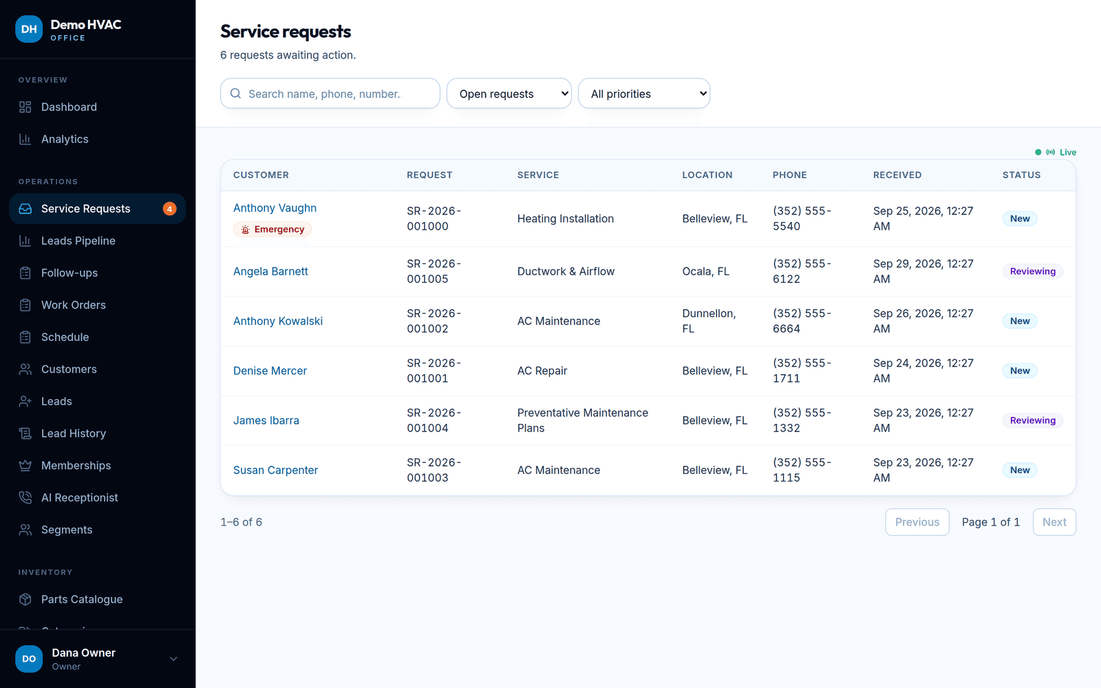 Service requests inbox: new website and phone requests waiting for the office.