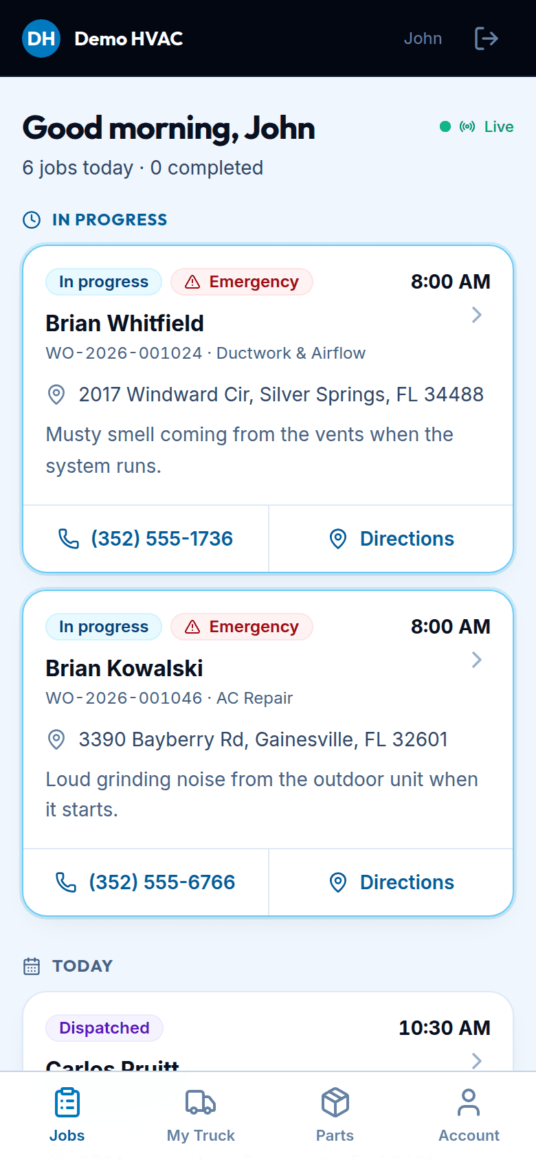 Technician portal on a phone: today's jobs with status, address, the customer's own words, call and directions buttons.