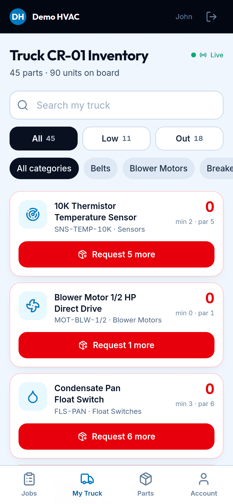 My Truck on the technician's phone: the parts on this truck with quantities and low-stock markers.