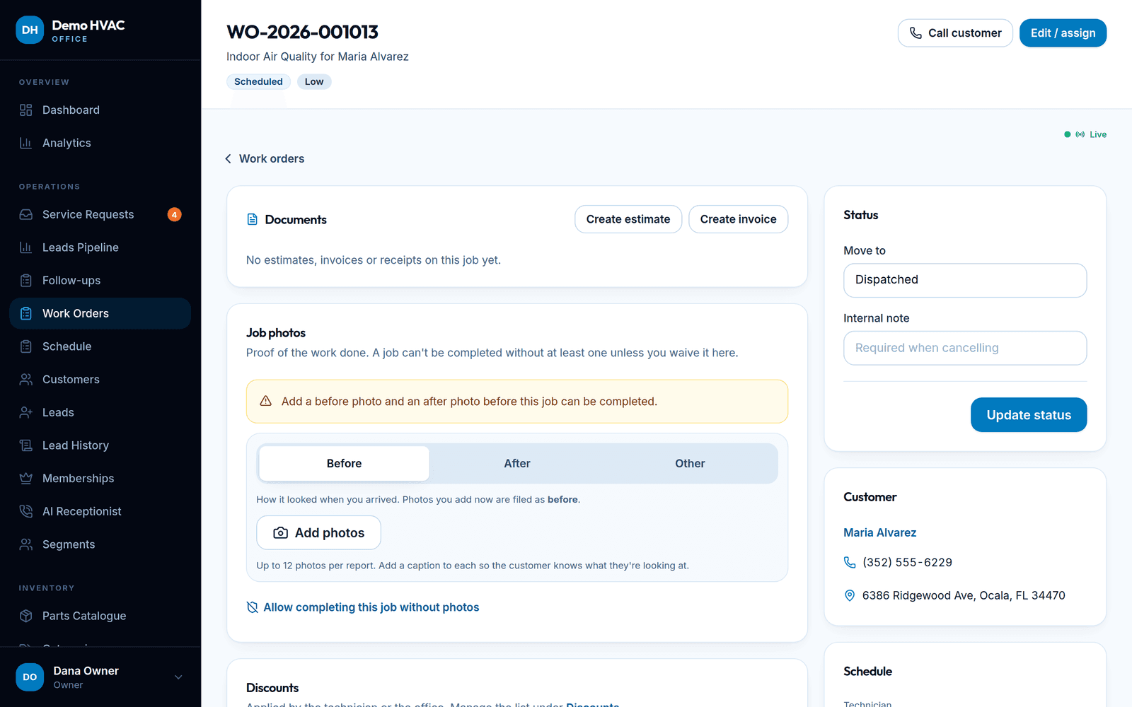 A work order: customer, address, equipment, technician notes, parts used and status history.